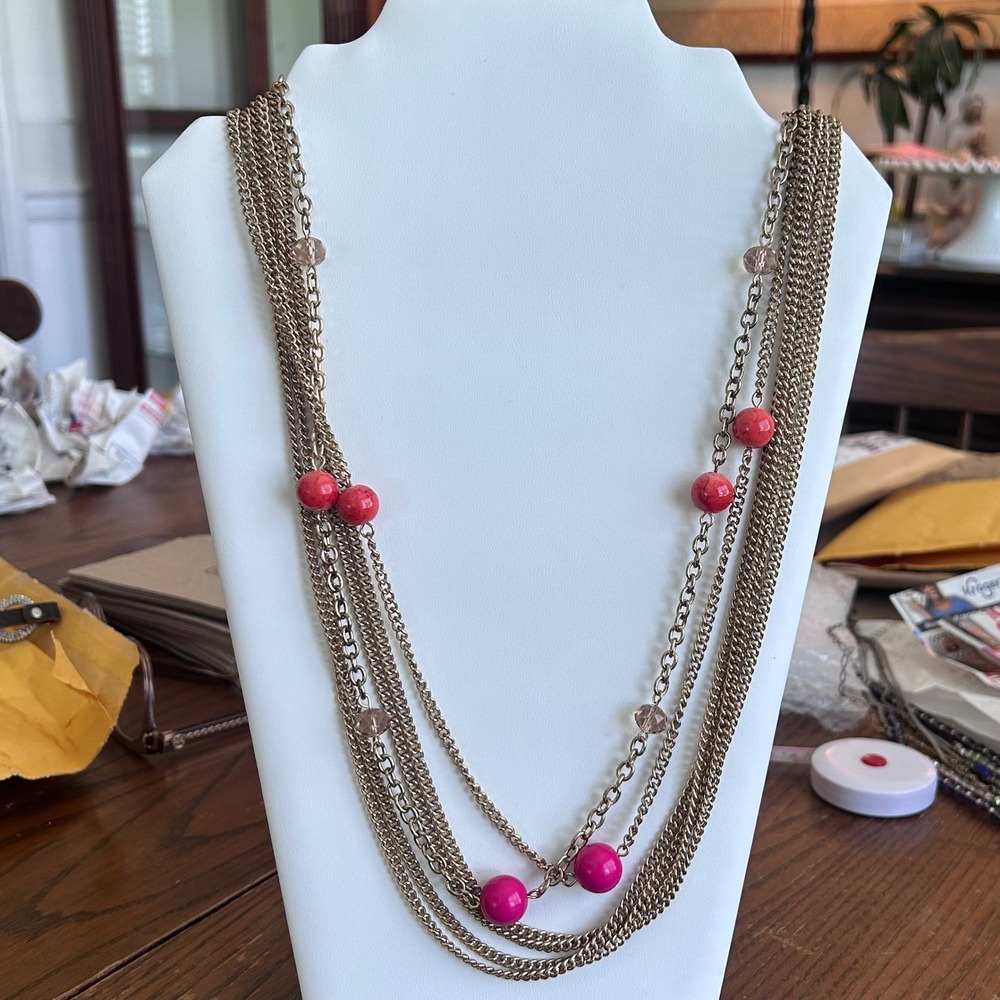 Fabulous Jules Multi Strand Layered Gold Tone Necklace Pink Coral Beads Boho NEW